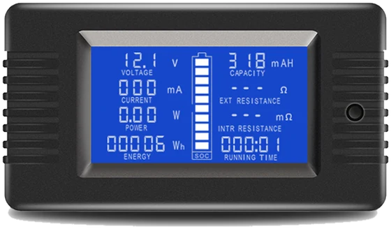 The Second Spark monitor fitted to a pack, reading 12.1 volts, 318 mAH capacity, power, energy, internal resistance, state of charge and running time.