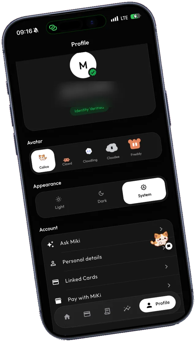 MiKi app — Identity, cards, appearance