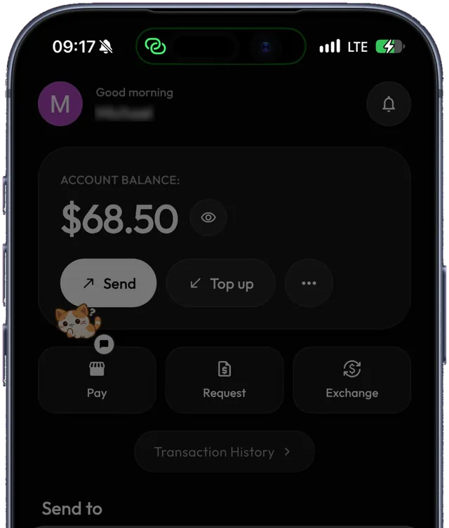 The MiKi wallet home screen, showing an account balance with send, top up and pay actions.